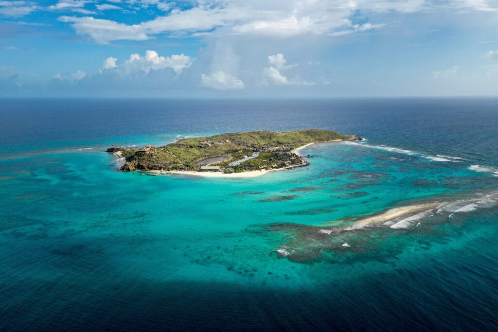 Necker Island British Virgin Islands aerial view luxury vacation.