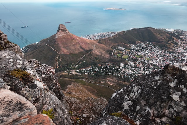 View from Table Top Mountain aerial of Cape Town and sea