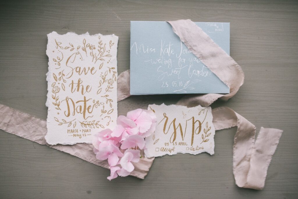 A picturesque wedding invitation and RSVP card are pictured to underscore that prompt responses are vital to destination wedding guest etiquette